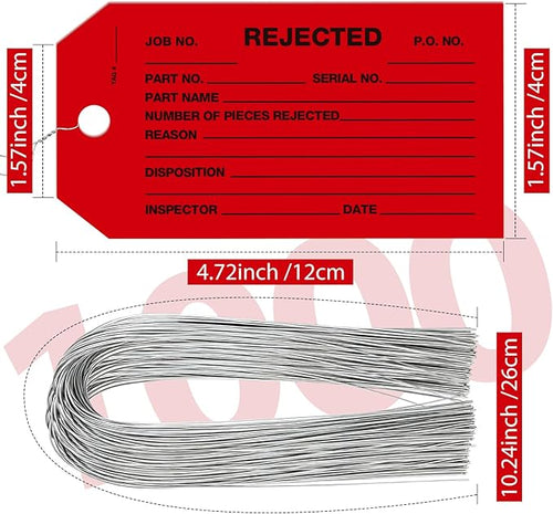 1000 Pack Rejected Tags with Wire - Red Defective Product Inspection Tags, Cardstock 4-3/4" x 2-3/8" for Manufacturing Quality Checks