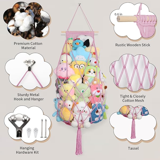 Stuffed Animals Storage Hammock Corner, 70 Inch Jumbo Macrame Plushie Net for Stuffed Animals Organizer, Wall Ceiling Hanging Stuffy Hammock Holder for Kid Boho Nursery Decor Gift (Pink)