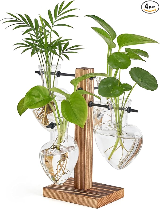 Mkono Heart Shaped Propagation Station with Wood Stand, Glass Hydroponic Planter Desktop Plant Terrarium for Home Office Decor, Gifts for Plant Lovers - 4 Love Bulb Pot Vase