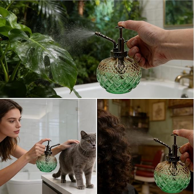 OFFIDIX Plant Mister Spray Bottle,Glass Decorative 300ML Vintage Watering Small Indoor Watering Can with Plastic Pump for Indoor Plants,Garden,Cleaning（Brown Green Gradient）