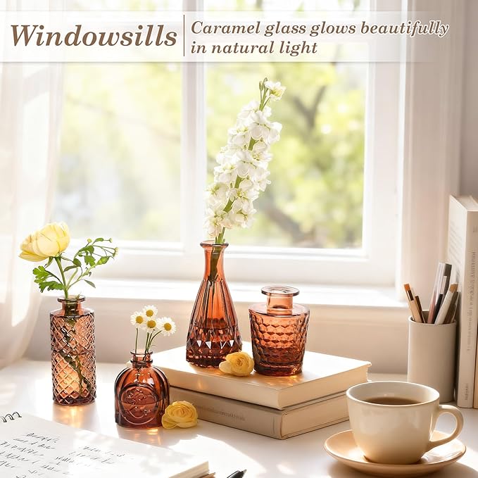 TBWIND 12-Piece Glass Bud Vase Set – Small Caramel Coffee Brown Etched Glass Vases with Unique Shapes and Weighted Base for Windowsills, Bathrooms, and Table Centerpiece Décor