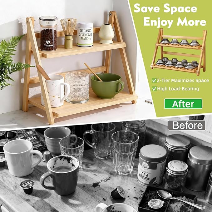 Bamboo Mug Shelf, 2-Tier Matcha Station & Coffee Bar Organizer - 15.7 Inch Foldable Countertop Display Rack for Mugs, Cups, Spices, Flower Pots - Kitchen, Window Sill, Living Room Storage Shelf
