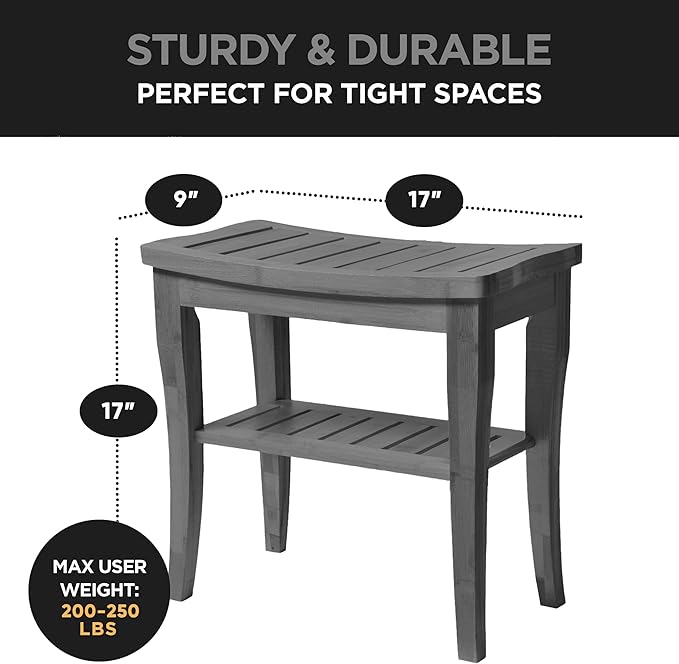 Grey Shower Bench - Small Wooden Shower Stool with Storage Shelf, Non-Slip Bathroom Seat, Spa Decor Bath Bench, Foot Rest Shaving Stool for Shower, Indoor Outdoor Use, Great Gift Idea (17" x 9 x 17)