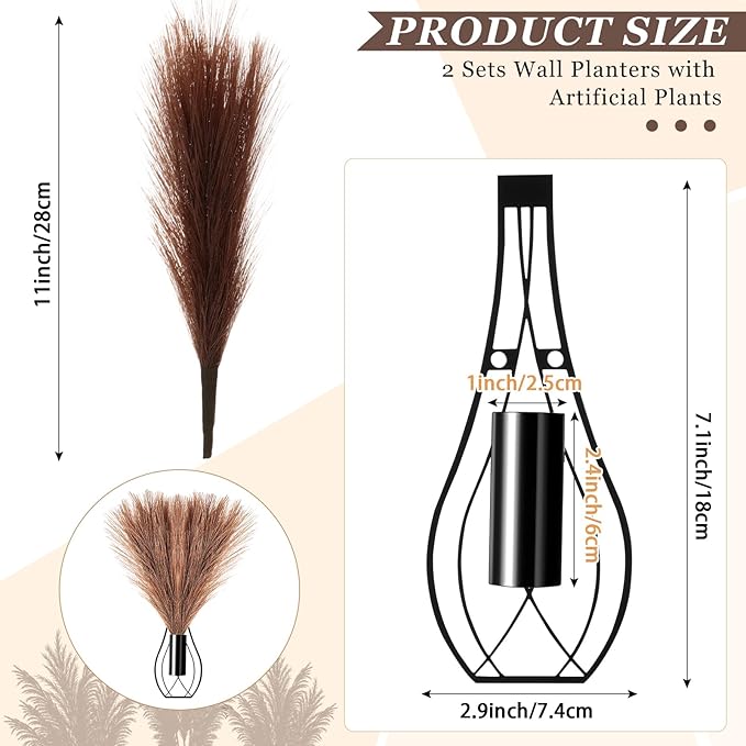 Otoolling 2 Pieces Hanging Plant Wall Decor with Artificial Pampas Grass Metal Hanging Vase Modern Geometric Farmhouse Bohemian Wall Art for Living Room Bedroom Kitchen Office(Black, Brown)