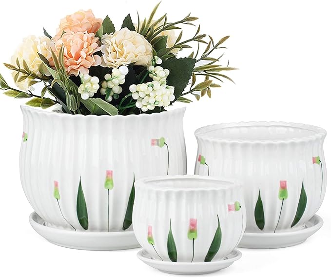 Foraineam Set of 3 Ceramic Plant Pots Small to Large Sized Garden Flower Planter Pot Round Modern Succulent Cactus Containers with Drainage and Saucer