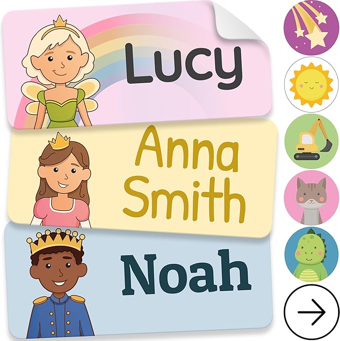 Personalized Name Labels for Kids (70 Labels) - Durable & Waterproof Custom Name Stickers for Clothing Tags, School Supplies, Camp & Daycare - Prince & Princess (1.2”x0.5”)