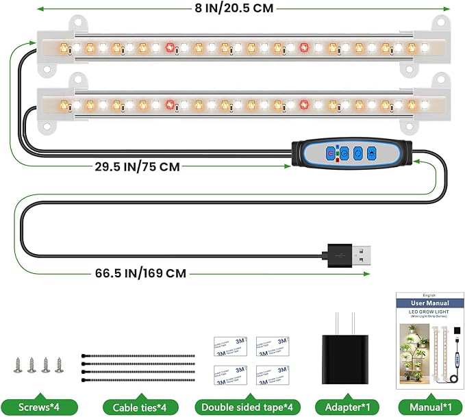 Wiaxulay 8 inch Grow Light Strip, 56 LEDs Full Spectrum Grow Lights for Indoor Plants, Under Cabinet Grow Lamp with Auto Timer 6/12/16 Hrs, 3 Lighting Mode, Ideal for Seedling, Plant Stand, 2 Bars