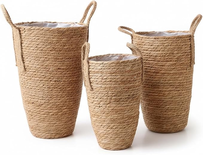 Plant Baskets Indoor, 3PCS Rattan Planter, 3 Sizes Seagrass Woven Plant Basket with Waterproof Liner, Baskets Indoor with Handle for Balcony Home Decoration