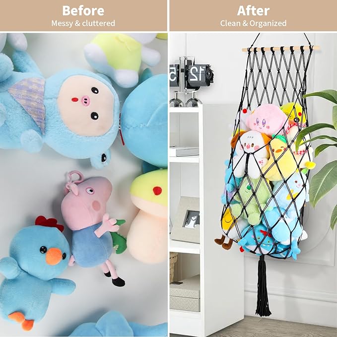 Stuffed Animal Storage Net, 68 Inch Jumbo Macrame Vertical Stuffed Animals Hammock Corner, Wall Ceiling Hanging Stuffy Hammock Plushie Holder Display for Kid Boy Girl Gift Boho Nursery Decor (Black)