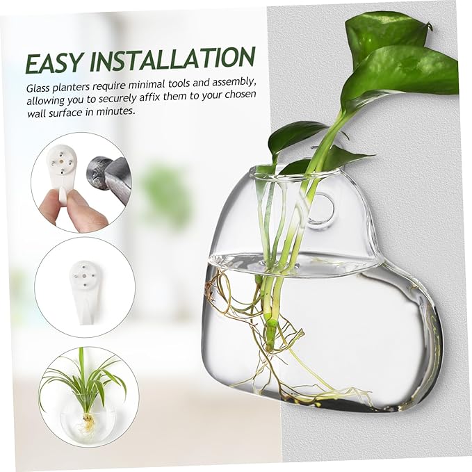 Sosoport 2 Pcs Borosilicate Glass Hanging Planter Vase for Indoor Plants and Fish Bowls Wall Mounted Propagation Station with Easy Installation Hardware Clear Glass Terrarium Pot for Home