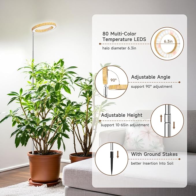 Aokrean 6.3in Plant Lights for Indoor Growing, Full Spectrum Faux Wood Grain Grow Light, 80 LED Growing Lamp with Height Adjustable 10"-65", 6/12/16H Timer, 3 Optional Spectrums, 5 Brightness, 3 Pack