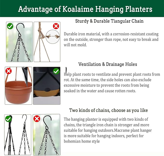 Koalaime 2 Pack Hanging Planters Set,10 Inch Indoor Outdoor Hanging Plant Pot Basket,Hanging Flower Pot with Drainage Hole with 3 Hooks for Garden Home… (Black Hanger Black Planters)