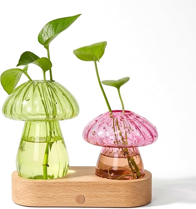 Plant Propagation Station with Light,Mushroom Glass Vases with Stepless Dimming Function for Home Office Decor,Hydroponic Glass Jars Gardening Gifts for Mom Women Plant Lovers