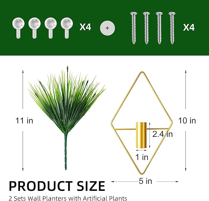2 Pack Gold Wall Decor Hanging Planters with Artificial Plants Metal Hanging Vase Indoor Plants Holder Modern Boho Wall Art for Bathroom Bedroom Living Room Office (Gold, Aquatic Plant)