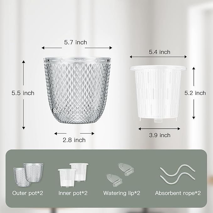 QCQHDU 2 Pack Self Watering Pots, 5.7 Inch Flower Pots with Drainage Holes and Water Filling Port, Garden Planter for Indoor Outdoor Plants (Clear)
