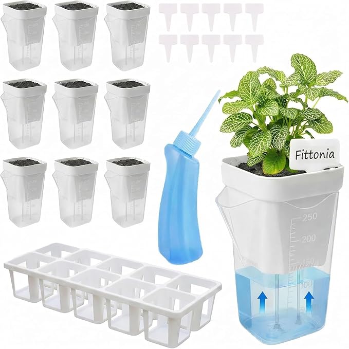 10 Pack 2.5" Self Watering Pots for Indoor Plants with Anti-Tip Tray & Reservoir Refill Bottle, Seed Starter Kit for Seedlings, Cuttings, Succulents, Herbs, 10 Plant Labels