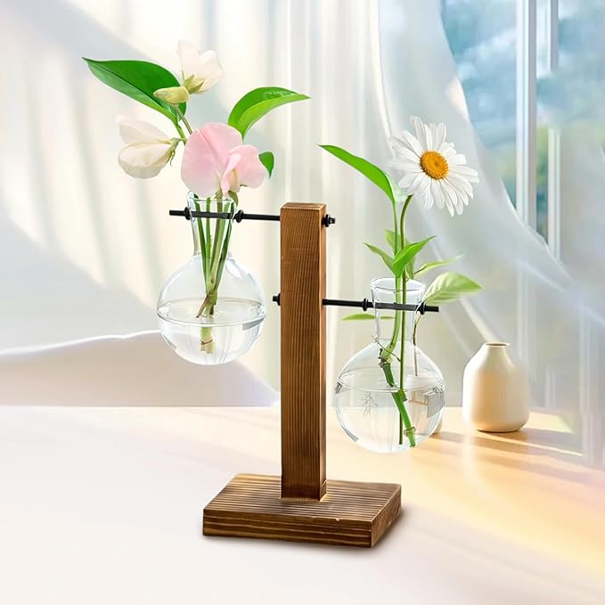 Wooden Base Glass Vase - Plant Holder & Propagation Station for Hydroponic Plants, Desktop Terrarium with Wooden Stand, Stylish Home & Office Décor, Great Gift for Plant Enthusiasts (FGJ-2B)