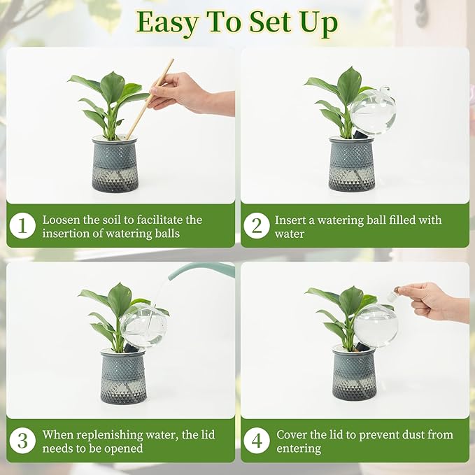 6pcs Plant Self Watering Globes with Covers, Plastic Water Bulbs Top Fill, Plant Watering Devices System Slow Release Terracotta, Water Spikes Stakes for Indoor (6)