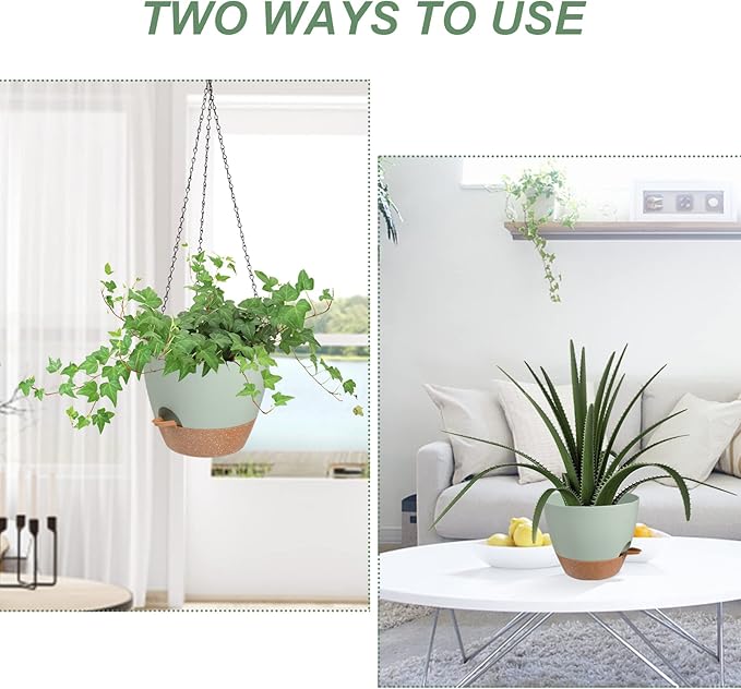 Vanslogreen Hanging Planters for Indoor Outdoor Plants, 2 Pack Self Watering Hanging Pot with Drainage Holes & Removable Tray (Green, 6'')