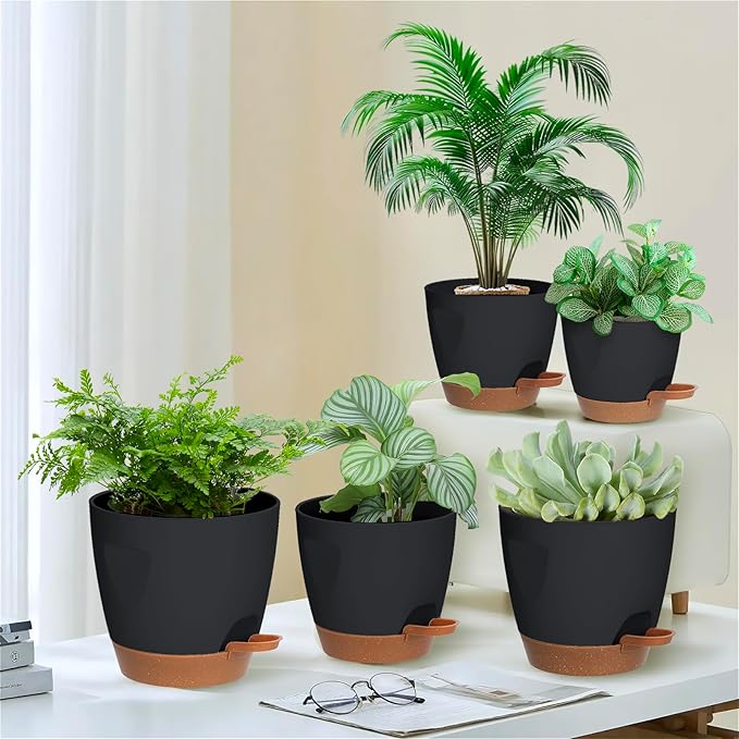 5-Pack Plant Pots with Drainage 7/6.5/6/5.5/5 Inch, Self Watering Pots for Indoor Plants, Planters for Indoor Outdoor Plants, Plastic Flower Pot, Planter for Indoor Outdoor (Black)