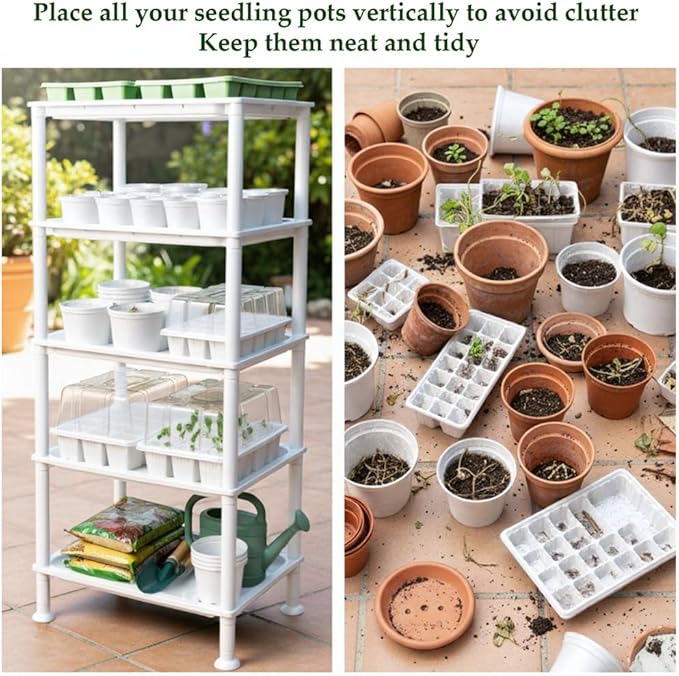 RooTrimmer 5-Tier Seed Starter Trays, Plant Stand, with Bottom-Watering Design–Shelf for Indoor Outdoor Seedling Sprouting Greenhouse, Space-Saving for Small Cell Trays & Nursery Pots, White