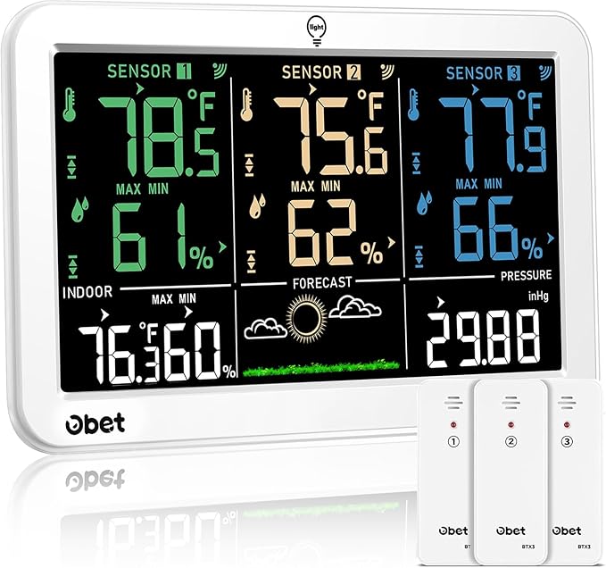 OBET Weather Station Wireless Indoor Outdoor Thermometer with 3 Sensors, Temperature Humidity Monitor with Alerts 500ft Range and 3 Adjustable Brightness White