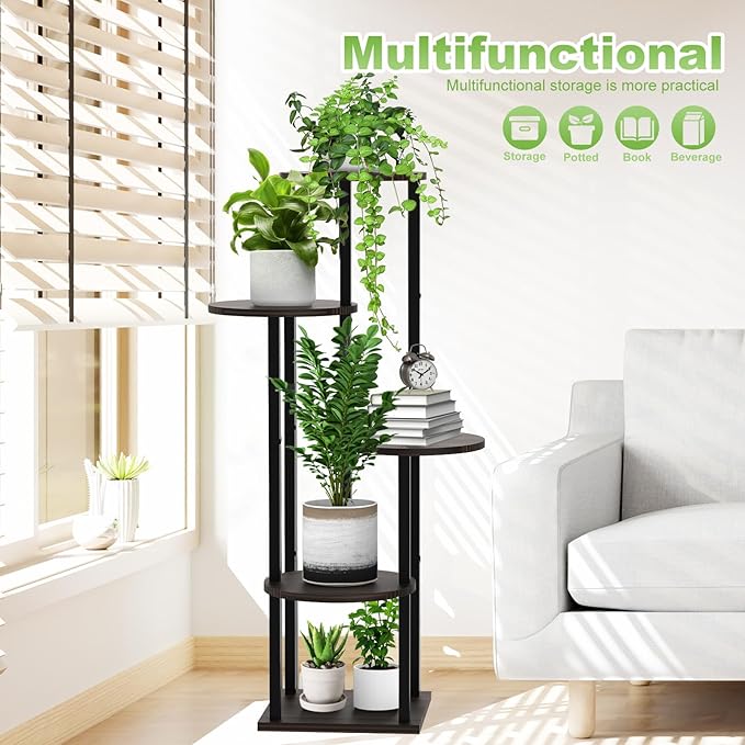 5 Tier Wood Tall Plant Stand Metal Rack Indoor, Multiple Flower Pot Holder Shelves Corner Rack, Round Planter Shelf Display Rack Storage Organizer for Patio Living Room Balcony(Black+Oak)