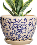 6 Inch Plant Pot - Ceramic Planters for Succulent Snake Plants, Round Pots for Plants with Drainage Hole and Saucer, Indoor Flower Pots, Living Room Decor, Gardening Gifts, Retro Blue