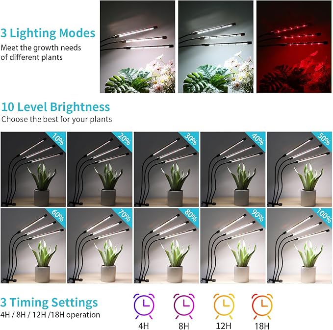 Black Grow Lights for Indoor Plants, 126LEDs Clip Plant Lights, Full Spectrum LED Plant Growing Lamps with Flexible Gooseneck, 4/8/12/18H Timer, 3 Spectral Modes, 10 Dimmable Levels?3 Head 1 Pack