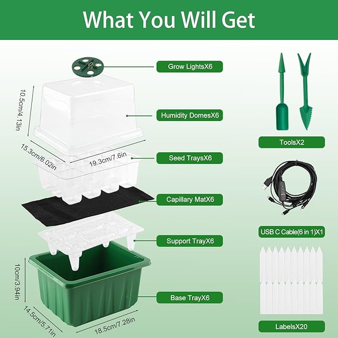 GOONMILL Self-Watering Seed Starter Tray with Timed Grow Light, 6 Packs Plant Starter Tray Seedling Starter Kit with Humidity Domes Base Indoor Mini Greenhouse for Gardening Seeds Growing Starting