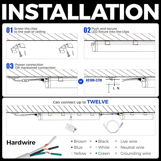 Barrina 6 Pack LED T5 Integrated Single Fixture 1FT, 600lm, 5W, 6500K, Linkable Under Cabinet Lighting, Shop Light for Workbench, Room, Kitchen Tube Light, Garage, Corded Electric with ON/Off Switch