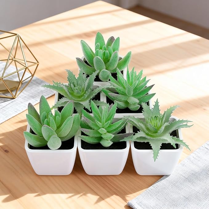 Woration 6pcs Faux Artificial Mini Flocking Succulent Plants in White Pots Fake Plastic Plants Topiaries for Shelf Table Windowsills Office Home Green Decoration