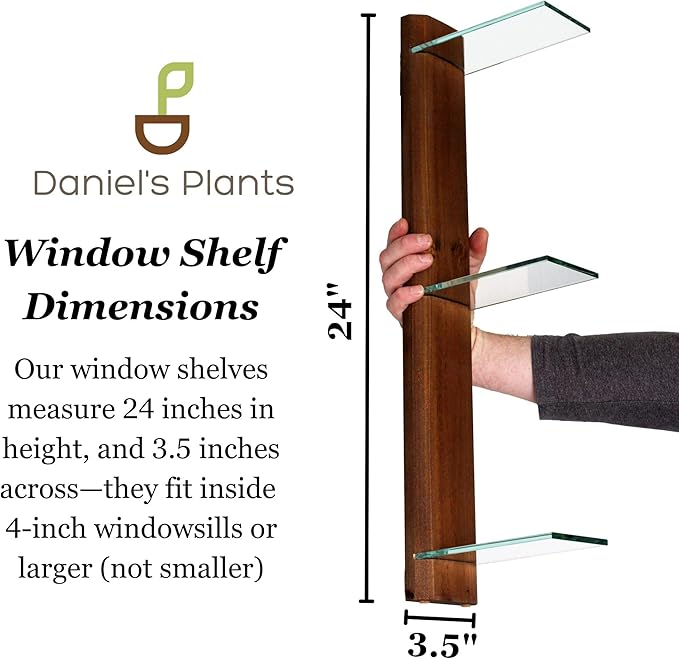 Daniel's Plants 3 Tiered Window Sill Plant Shelf (Real Wood & Glass) | Renter Friendly Window Shelves | Removable Indoor Plant Stand with Hook-and-Loop | Easy Setup | Solid Wood (Woodland Brown)