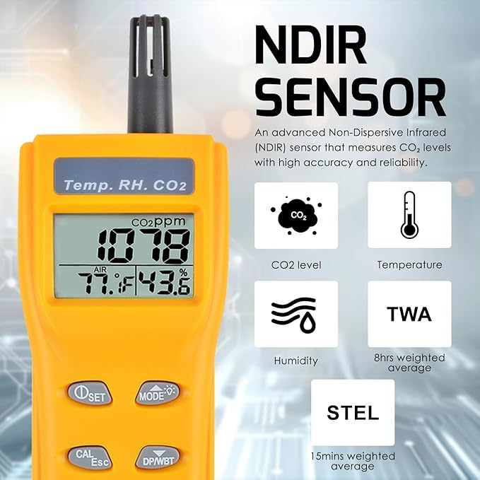 CO2 Meter Portable CO2 Detector Digital CO2 Monitor with Alarm Function Carbon Dioxide Temperature and Humidity Meter, NDIR CO2 Sensor Indoor Air Quality Monitor for Home Office Grow Room