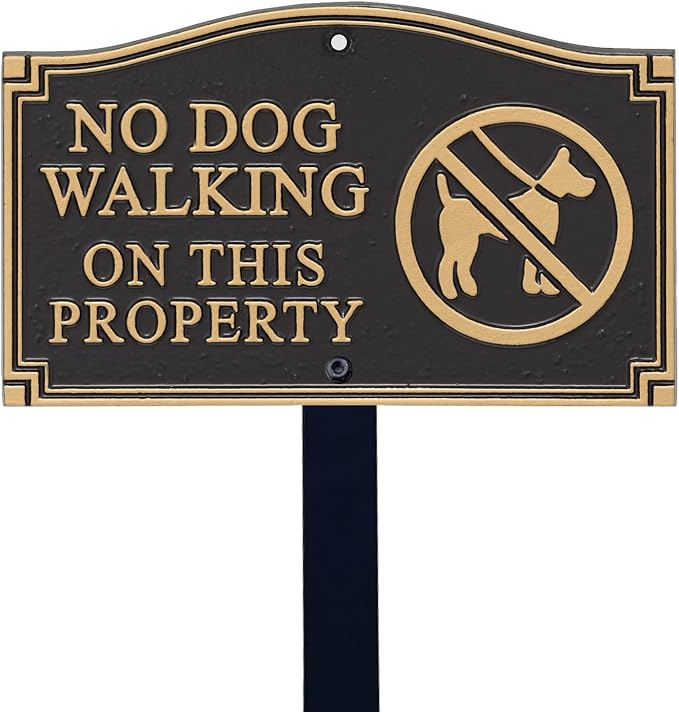 SmartSign “No Dog Walking On This Property” GardenBoss Statement Plaque | 5.75" x 9.5" Aluminum Plaque with 18" Black Lawn Stake, Made in USA