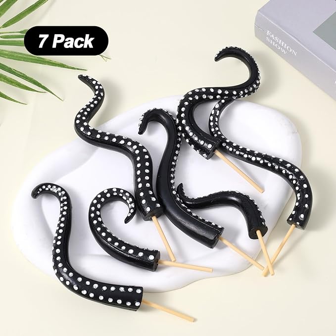 BOXOB 7pcs Octopus Tentacle Plant Stakes, Various Shapes Glow in The Dark Octopus Leg Stakes Evil Decorative Garden Stakes for Potted Plants Indoor Outdoor Decoration (Black)