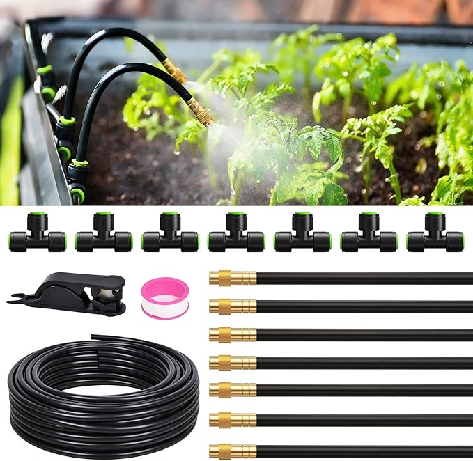 RAINPOINT 25FT Drip Irrigation System, Garden Watering Kit with 7pcs 360°Adjustable Copper Nozzles, Automatic Atomizing Watering Sprinkler System for Greenhouse, Lawn, Raised Beds, Outdoor Plants