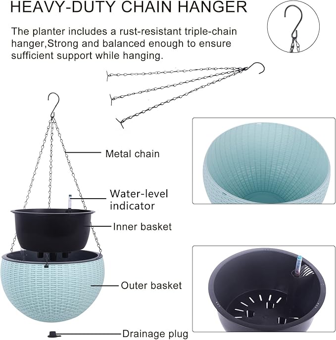 Vencer 11 Inch Round Resin Rattan Hanging Planters,Self Watering Hanging Basket for Indoor Outdoor Plants,Hanging Flower Pots with Drain Hole and Metal Chain,Water Indicator,Light Blue,VF-A15-B