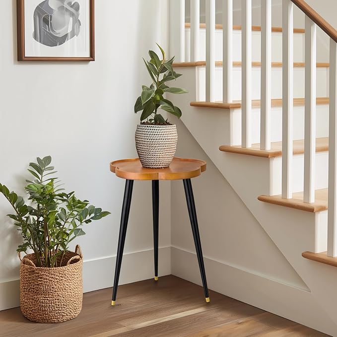 KINNARY Plant Stand Indoor, Wood Plant Table Plant Holder with Raised Design,Heavy Duty Metal Flower Pot Stand, Mid Century Modern Home Decor Small Side End Table（Clr.1-Flower 16" H）