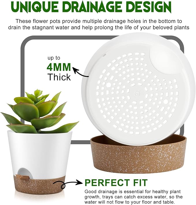 YNNICO Indoor Outdoor Plant Pots- Self Watering Planters with Drainage Holes and Saucers, 9,8, 7.5 Inches, 3 Pots (Snow)
