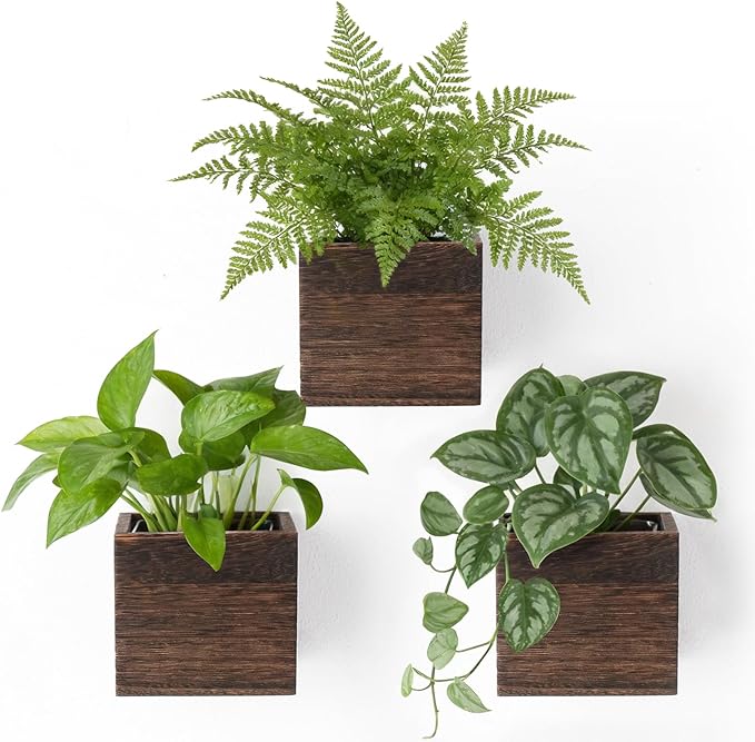 Dahey Small 4 Inch Wood Wall Hanging Planter Boxes for Indoor Plants 3 Pcs Square Rustic Farmhouse Wall Mounted Flower Pot Vases with Plastic Liner for Garden Home Centerpiece Decor(No Plant Included)