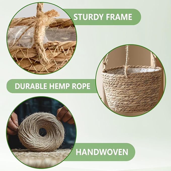 8-Inch Small-Caliber Woven Jute Hanging Planter – Seagrass Plant Basket, Decorative Hanging Plant Holder, Ideal for Home Décor and Storage