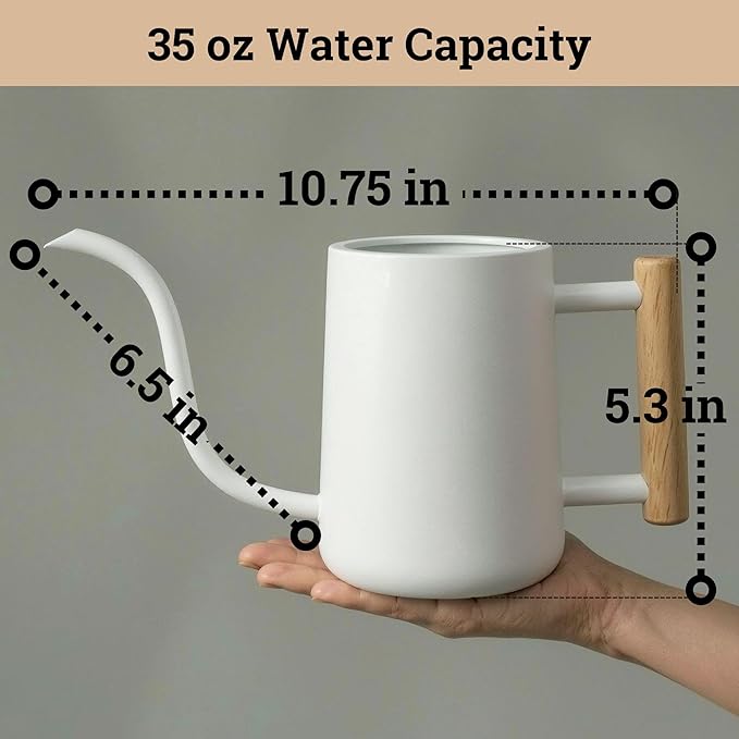 35 oz Metal Small Indoor Watering Can with Long Spout & Real Wood Handle for House Plants, Succulents, Cacti & Seedlings - White Long Spout Watering Can Indoor Plants - Stylish, Gentle Flow, No Spills
