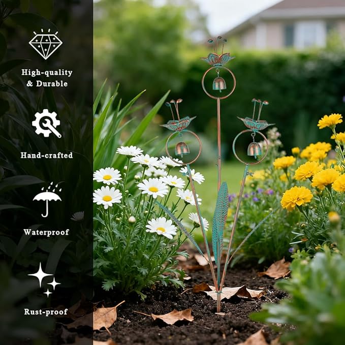 Calla Lily Garden Stake with Bells, Metal Flower Decorative Garden Stakes, 34" H Yard Art for Outdoor Lawn Patio Pathway Decor, Copper Green