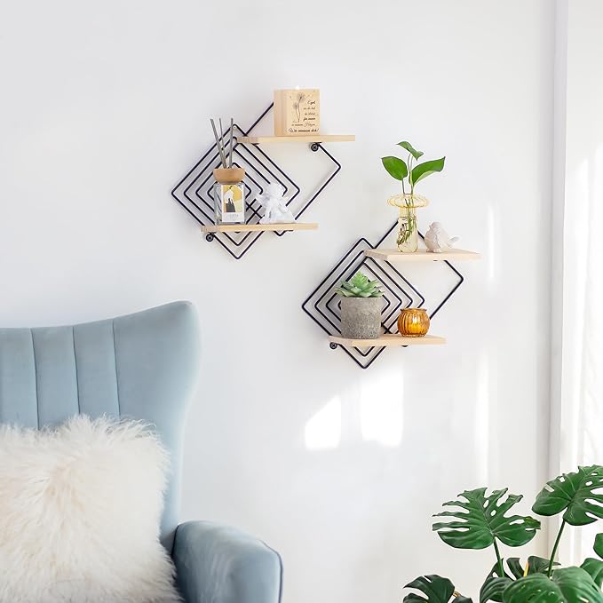 Bedroom Shelves for Wall Decor - Set of 2 Small Floating Shelf 2 Tier Modern Shelves Wall Mount Wood Geometric Hanging Plant Shelf Organizer for Bathroom