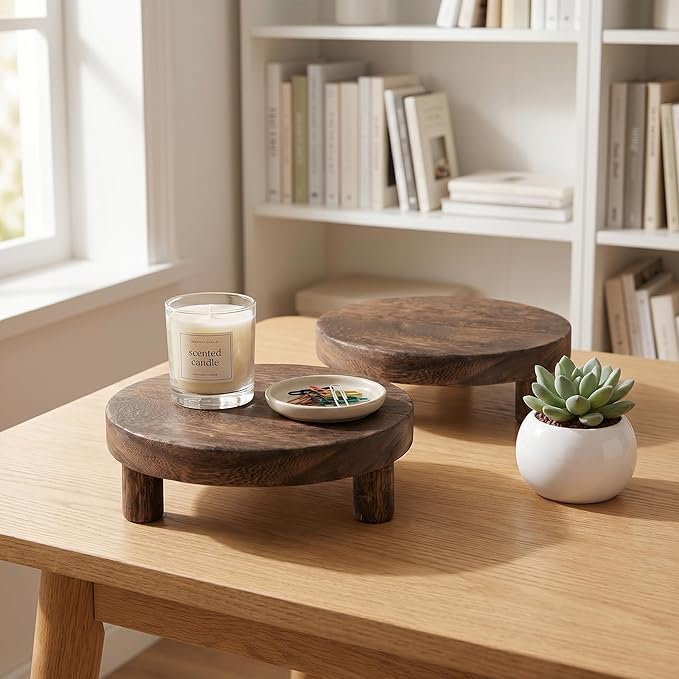 2 Pack Wood Riser Set, 7.8 Inch Natural Wooden Display Stand for Plants Candles Jewelry, Sturdy Elevated Plant Stand with Foot Pads for Kitchen Living Room Bathroom, Rustic Home Decor Gift (Dark Brown)