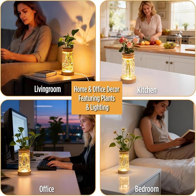 Plant Propagation Station with 9-Level Adjustable LED Light, Glass Planter Station with Waterproof Lighted Wooden Base, Desktop Hydroponic Plants Terrarium Vases Jars for Home & Office Decor