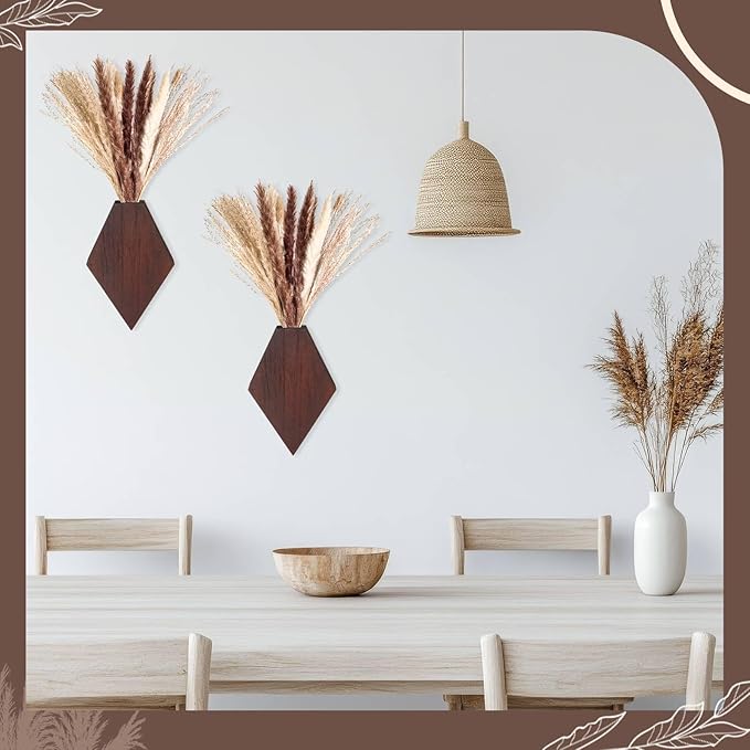 2 Pcs Bohemian Wooden Wall Planter Set with Pampas Grass Modern Farmhouse Wall Decor for Living Room, Bathroom, Bedroom, Office(Brown,Regular Style)