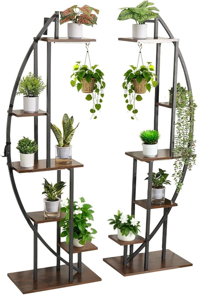 VEVOR Plant Stand Indoor with Grow Lights, 63 in Tall 6-Tiered Lighted Plant Shelf, 2 Pack Metal Corner Plants Holder, 3 Timer & 10 Brightness, Half-Moon Shaped Flower Display Rack for Living Room