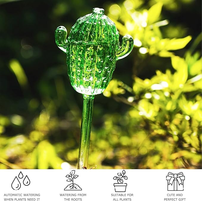 2-Pack Cactus Glass Plant Watering Globes – Decorative Self Watering Bulbs for Indoor & Outdoor Potted Plants, Automatic Watering System for Home Garden Planter Décor (Transparent)
